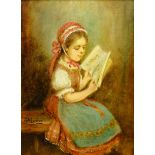A Mészáros (Hungarian 20th century): Portrait of a Girl Reading, oil on board signed 30cm x 22cm