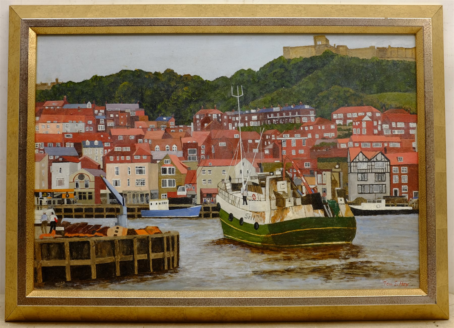Tom S Hoy (British 20th century): Scarborough Harbour Looking Towards the Castle, acrylic on board s - Image 2 of 2