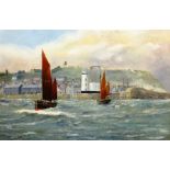Robert Sheader (British 20th century): Herring Boats Leaving Scarborough, oil on board signed 59cm x