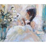 Polish School (20th century): 'Little Angel and Flowers', oil on board indistinctly signed,