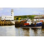 Tom S Hoy (British 20th century): Trawler Moored in Scarborough Harbour, acrylic on board signed 43c