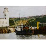 Tom S Hoy (British 20th century): Trawler Moored by Scarborough Lighthouse, acrylic on board signed