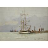 Harry Dorr (British 1872-1950): Ship at Anchor off a Pier, oil on board signed 14cm x 19cm