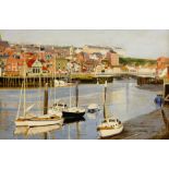 Tom S Hoy (British 20th century): Yachts in 'Whitby' Harbour, acrylic on board signed, titled verso