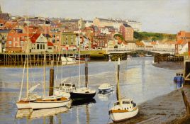 Tom S Hoy (British 20th century): Yachts in 'Whitby' Harbour, acrylic on board signed, titled verso