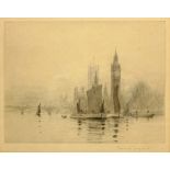 Rowland Langmaid (British 1897-1956): 'Barges on the Thames before Westminster', etching signed in p