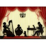 The Dance Recital, Regency style reverse silhouette painting on glass unsigned 24cm x 33cm