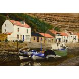Tom S Hoy (British 20th century): 'Aground at Staithes' acrylic on board signed, titled verso 30cm x