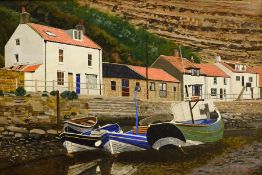 Tom S Hoy (British 20th century): 'Aground at Staithes' acrylic on board signed, titled verso 30cm x