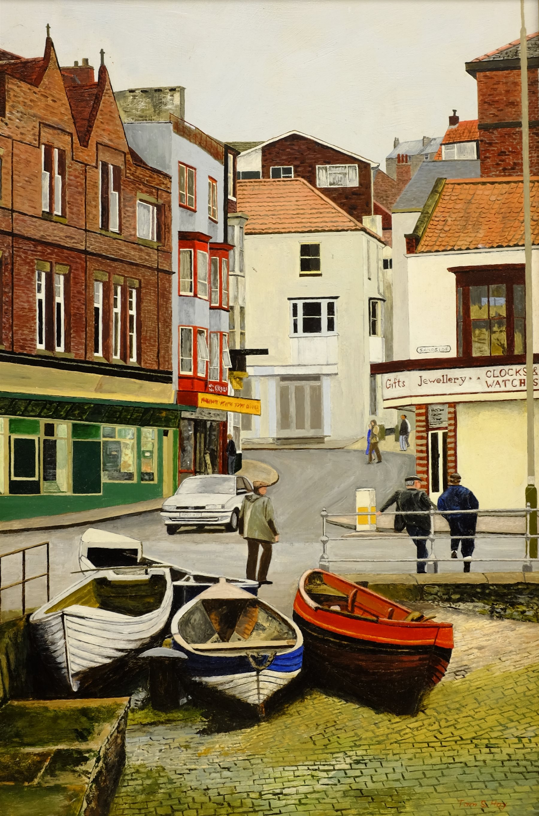 Tom S Hoy (British 20th century): 'Sandside' Scarborough, acrylic on board signed, titled verso 45cm