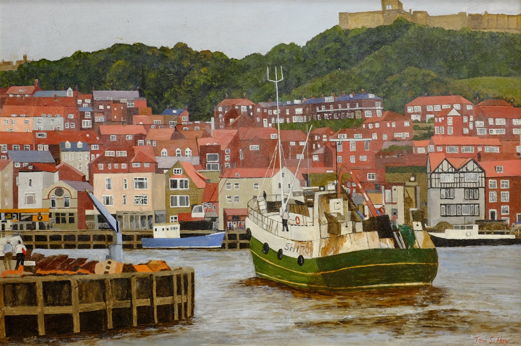 Tom S Hoy (British 20th century): Scarborough Harbour Looking Towards the Castle, acrylic on board s