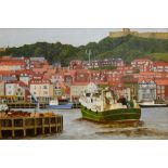 Tom S Hoy (British 20th century): Scarborough Harbour Looking Towards the Castle, acrylic on board s