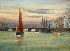 Robert Sheader (British 20th century): Sunset in Whitby Harbour, oil on board signed 29cm x 39cm