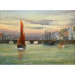 Robert Sheader (British 20th century): Sunset in Whitby Harbour, oil on board signed 29cm x 39cm