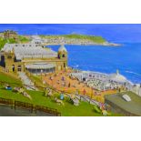 Shirley Anne Harley (British Contemporary): Sunbathing at Scarborough Spa, acrylic on board signed 5
