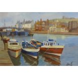 Don Micklethwaite (British 1936-): Boats at Whitby, oil on board signed 24cm 34cm