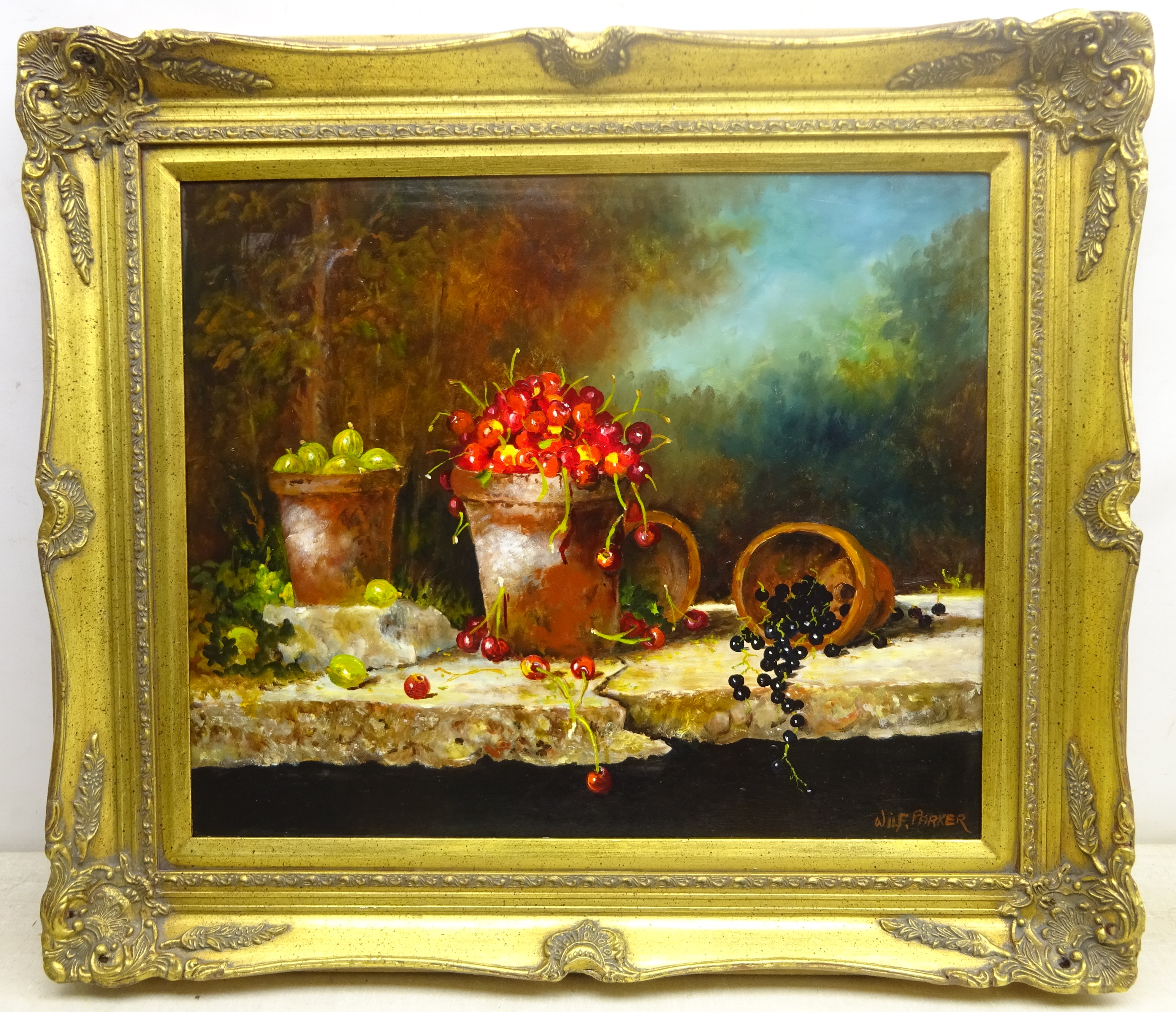 Wilf Parker (British 20th century): 'Fruit on a Broken Slab', oil on board signed, titled verso 49cm - Image 4 of 4