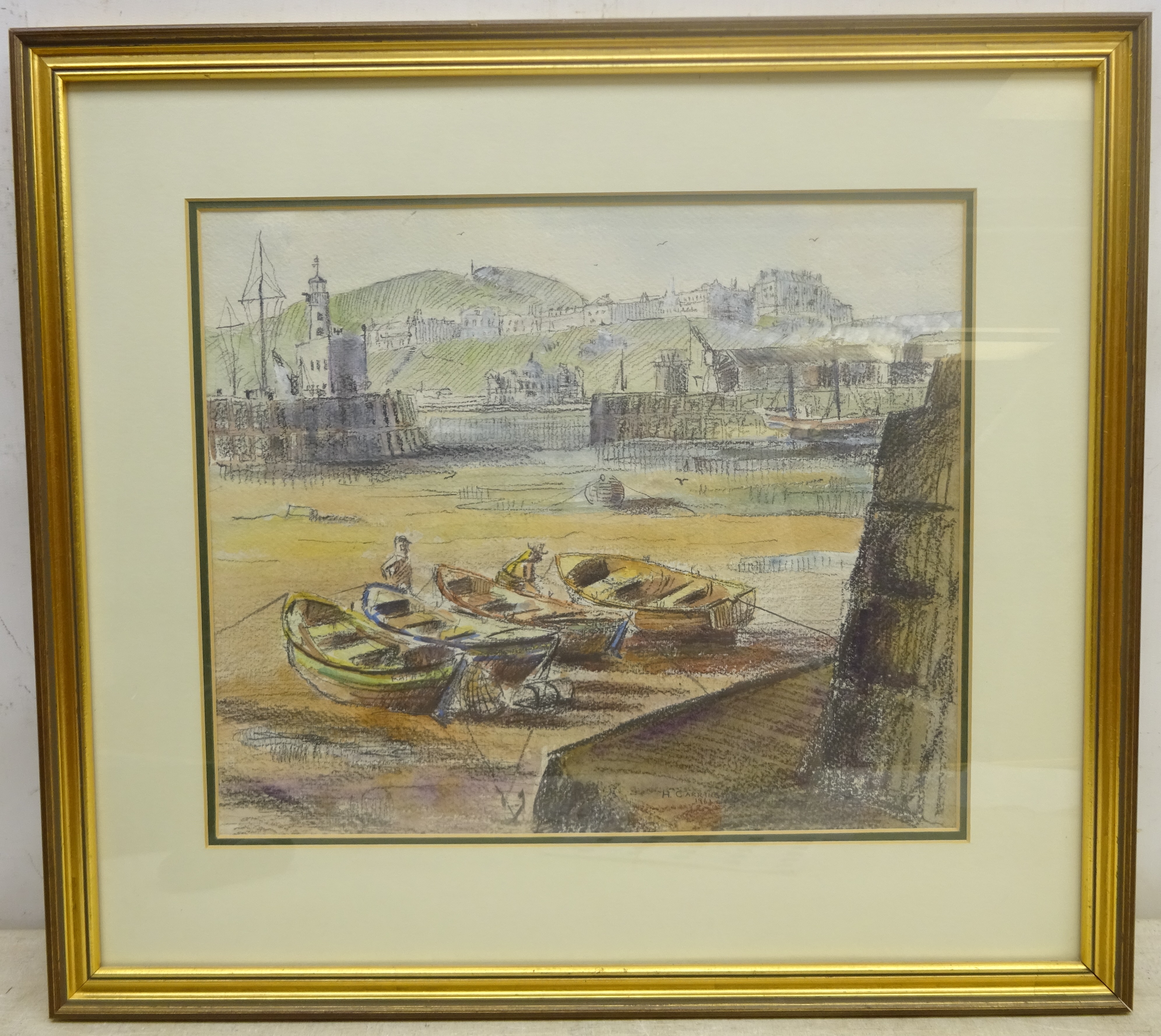 Hedley Carrington (British 20th century): Cobles in Scarborough Harbour, watercolour, pencil and cha - Image 4 of 4