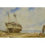 Attrib. Weatherill Family (Late 19th century): Ship Unloading on the Shore, watercolour unsigned 20c