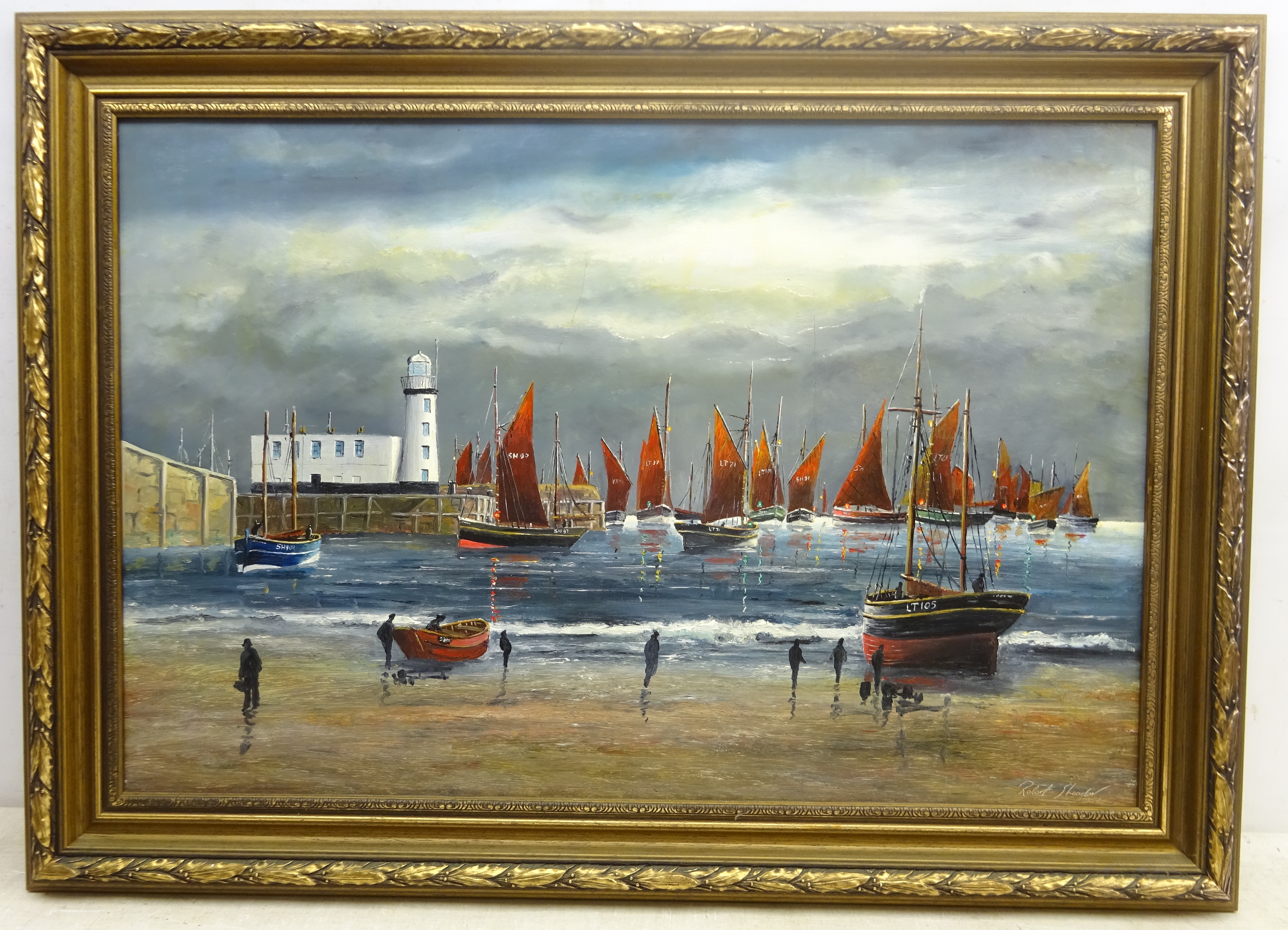 Robert Sheader (British 20th century): The Scarborough Herring Fleet under Moonlight, oil on board s - Image 2 of 2