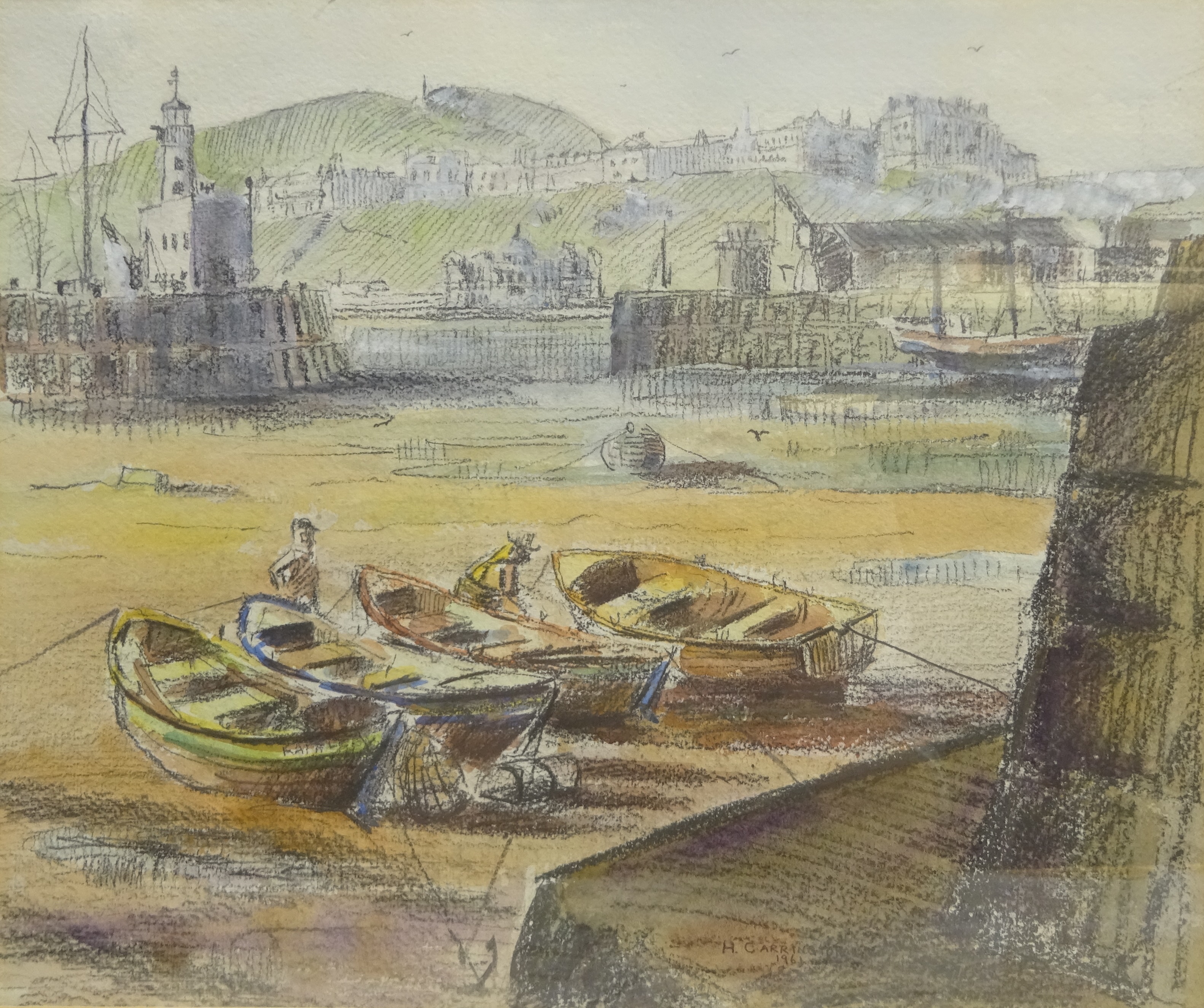 Hedley Carrington (British 20th century): Cobles in Scarborough Harbour, watercolour, pencil and cha