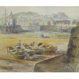 Hedley Carrington (British 20th century): Cobles in Scarborough Harbour, watercolour, pencil and cha