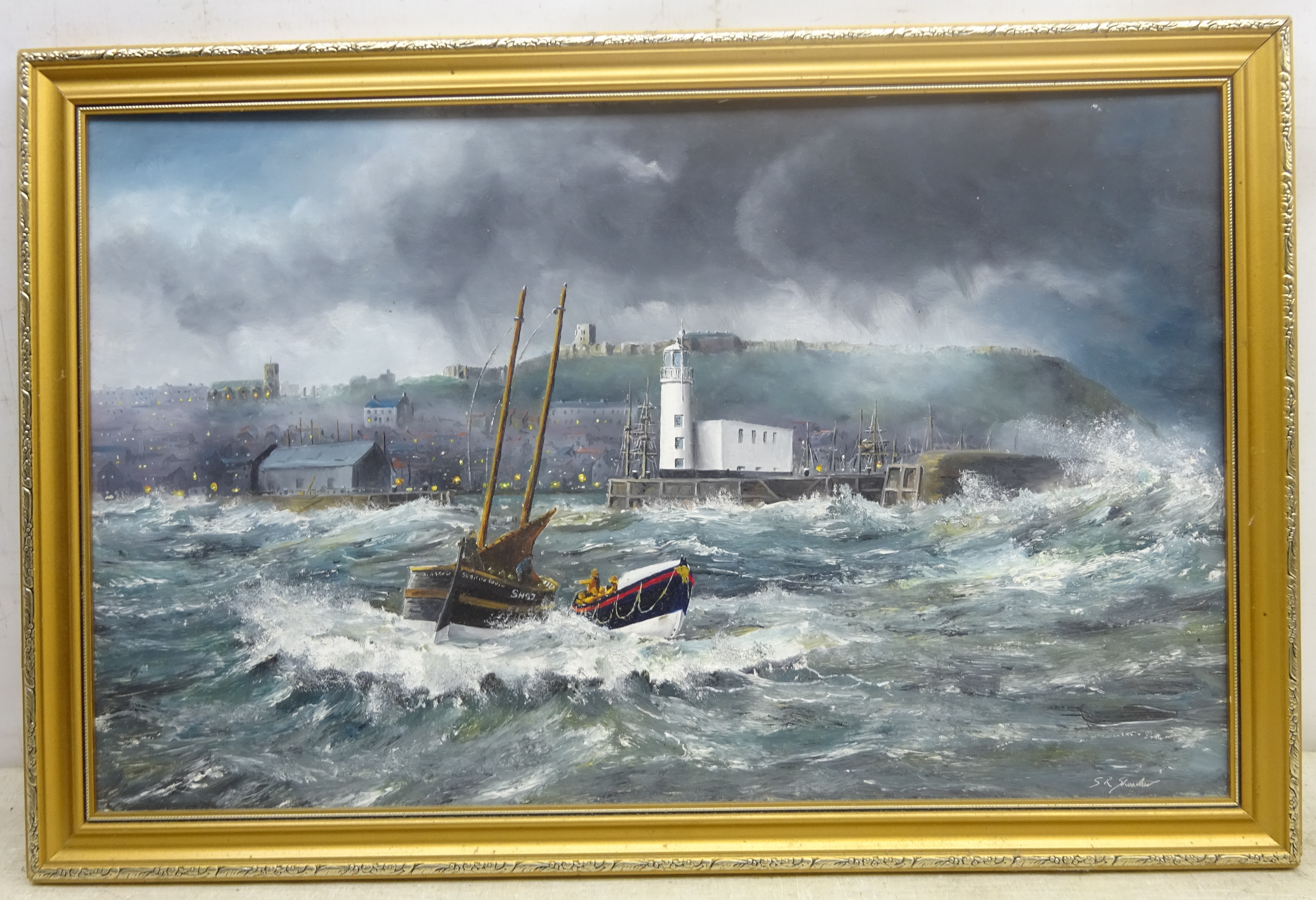 Robert Sheader (British 20th century): Off Scarborough in Choppy Seas, oil on board signed 37cm x 60 - Image 4 of 5