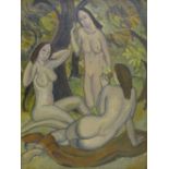 AB (Early 20th century): The Three Graces, post-impressionist oil on panel signed with monogram 44cm