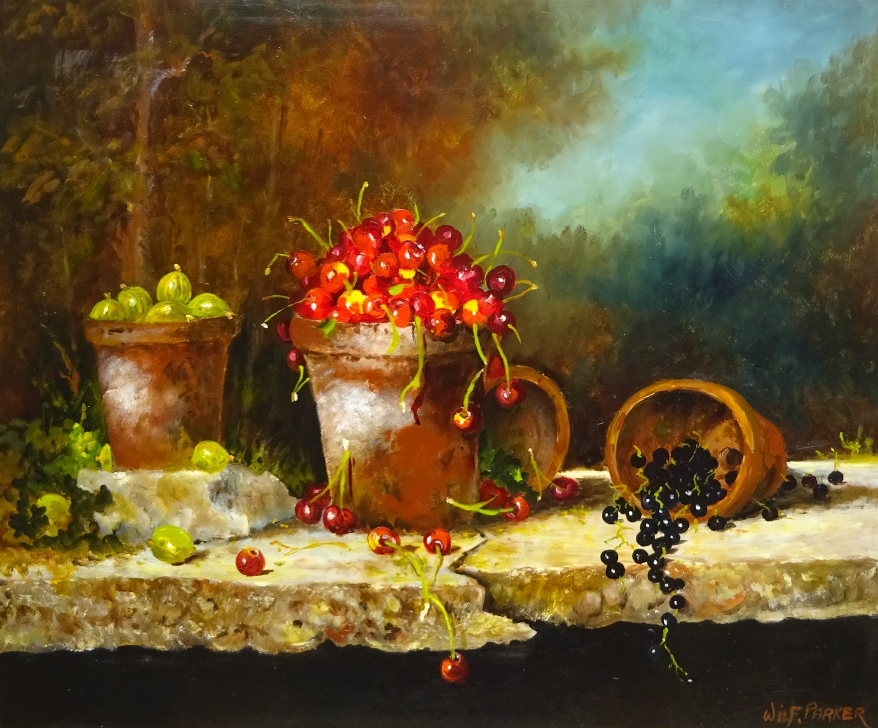 Wilf Parker (British 20th century): 'Fruit on a Broken Slab', oil on board signed, titled verso 49cm - Image 2 of 4