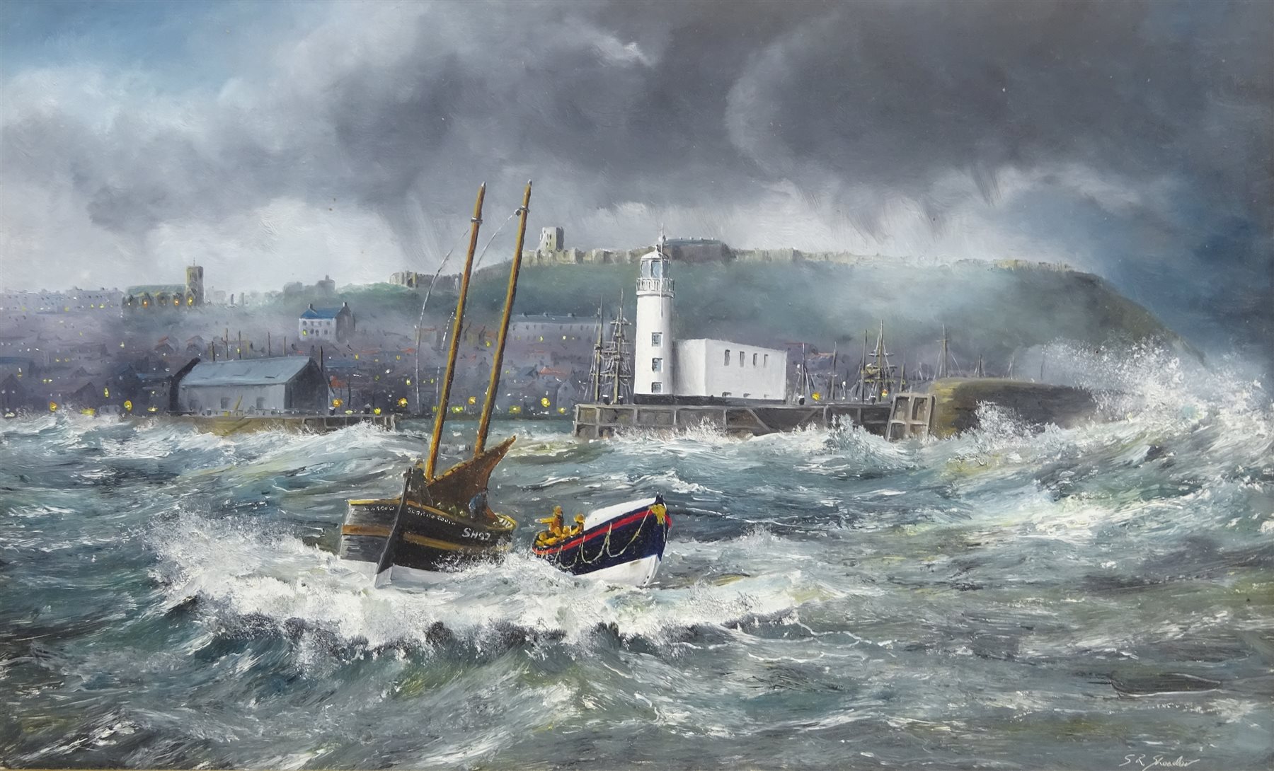 Robert Sheader (British 20th century): Off Scarborough in Choppy Seas, oil on board signed 37cm x 60 - Image 2 of 5