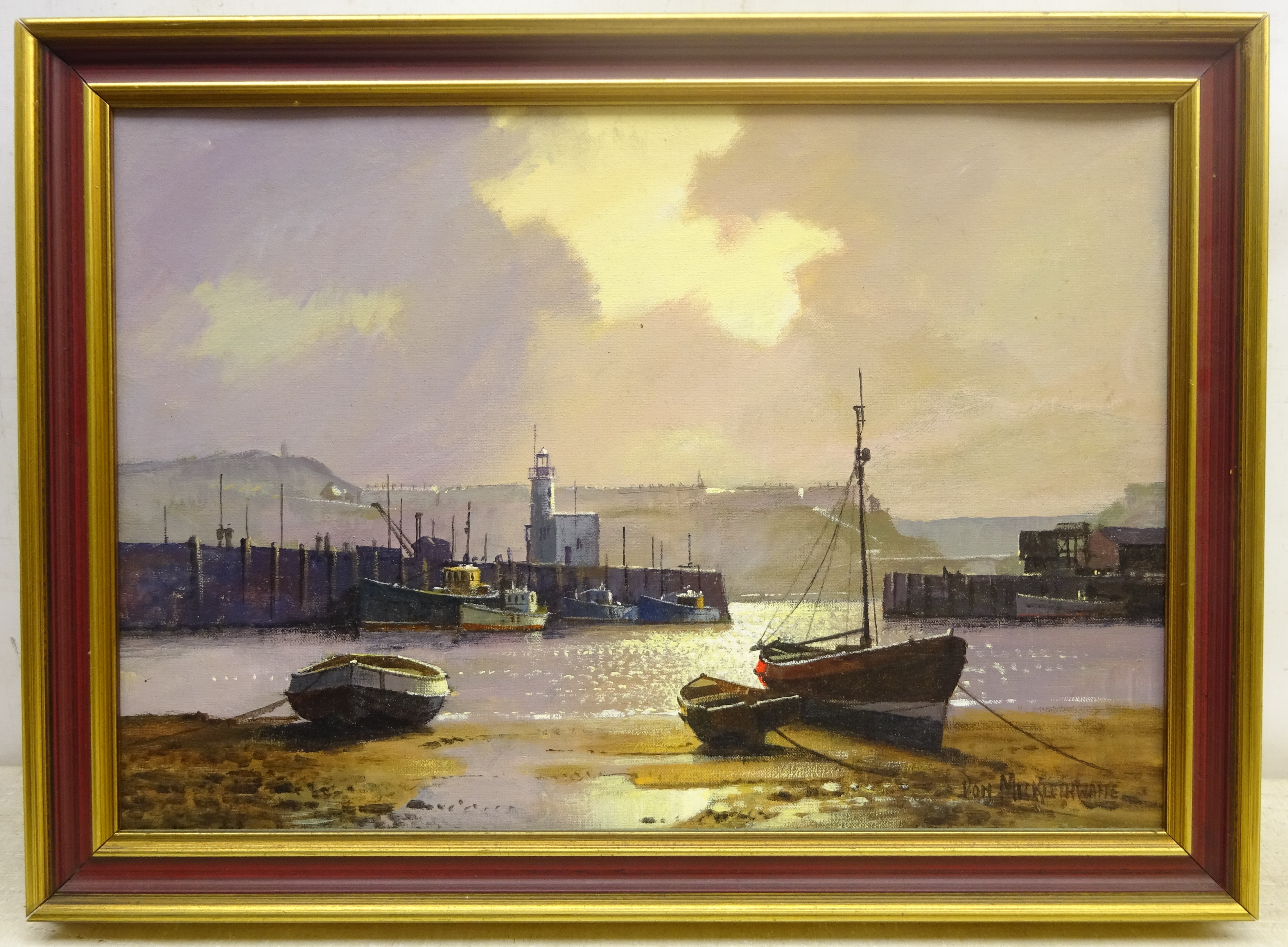 Don Micklethwaite (British 1936-): Low Tide Scarborough Harbour, acrylic on board signed 34cm x 49cm - Image 2 of 2