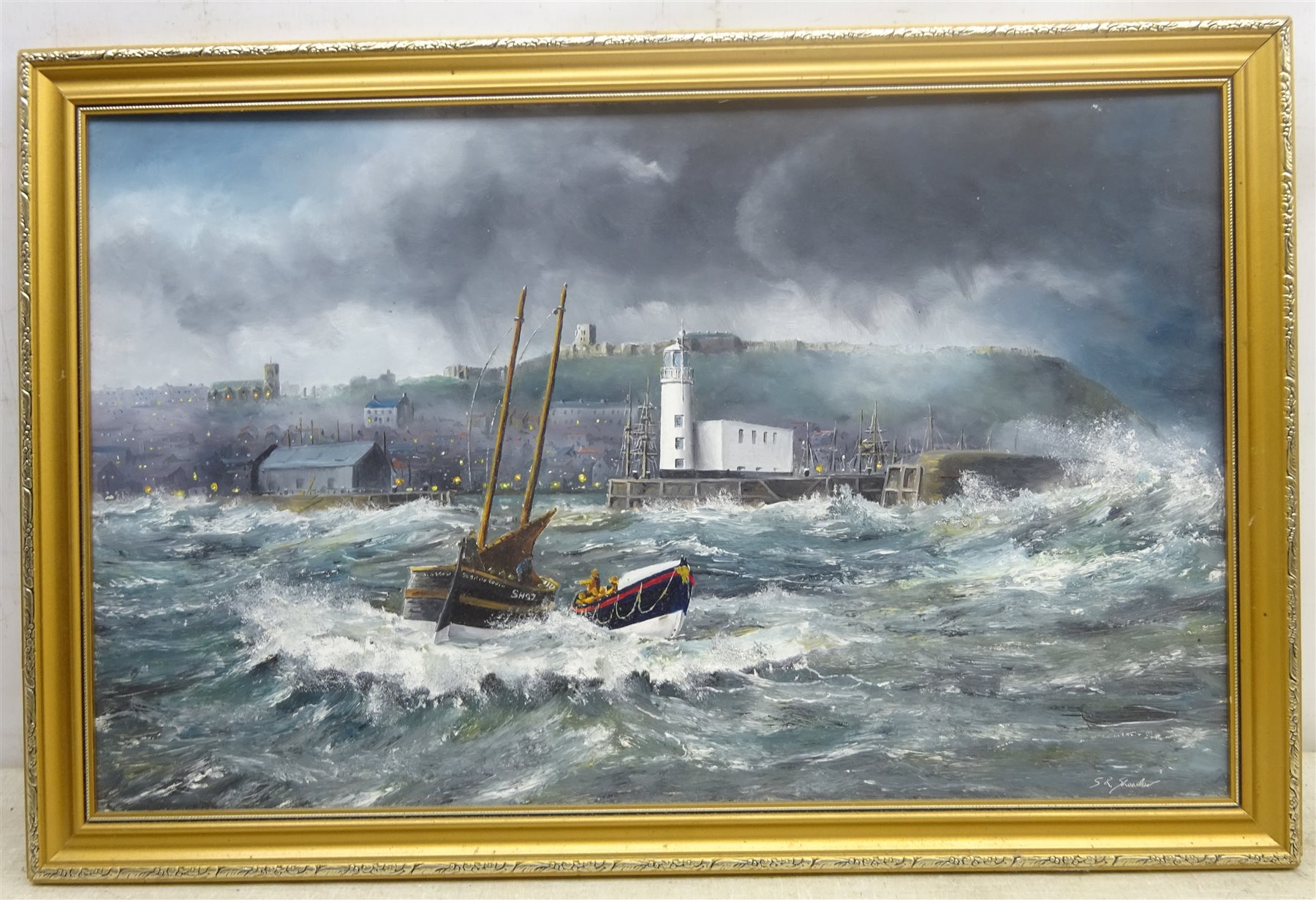 Robert Sheader (British 20th century): Off Scarborough in Choppy Seas, oil on board signed 37cm x 60 - Image 3 of 5