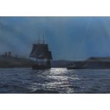 Gordon Ellis (British 1920-1978): 'Moonlight Departure - Arctic Whaler leaving Whitby', pastel