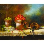 Wilf Parker (British 20th century): 'Fruit on a Broken Slab', oil on board signed, titled verso 49cm