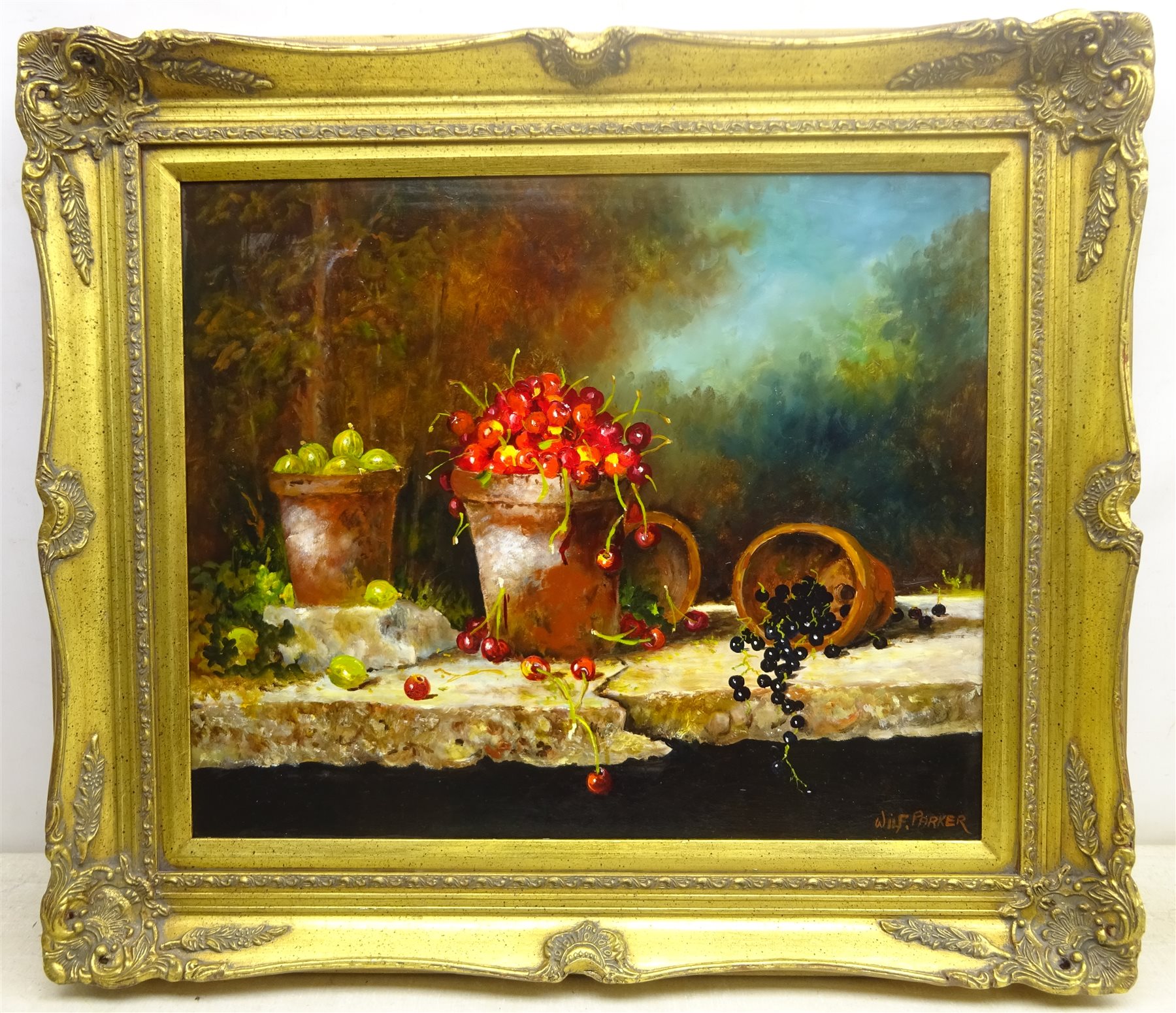 Wilf Parker (British 20th century): 'Fruit on a Broken Slab', oil on board signed, titled verso 49cm - Image 3 of 4