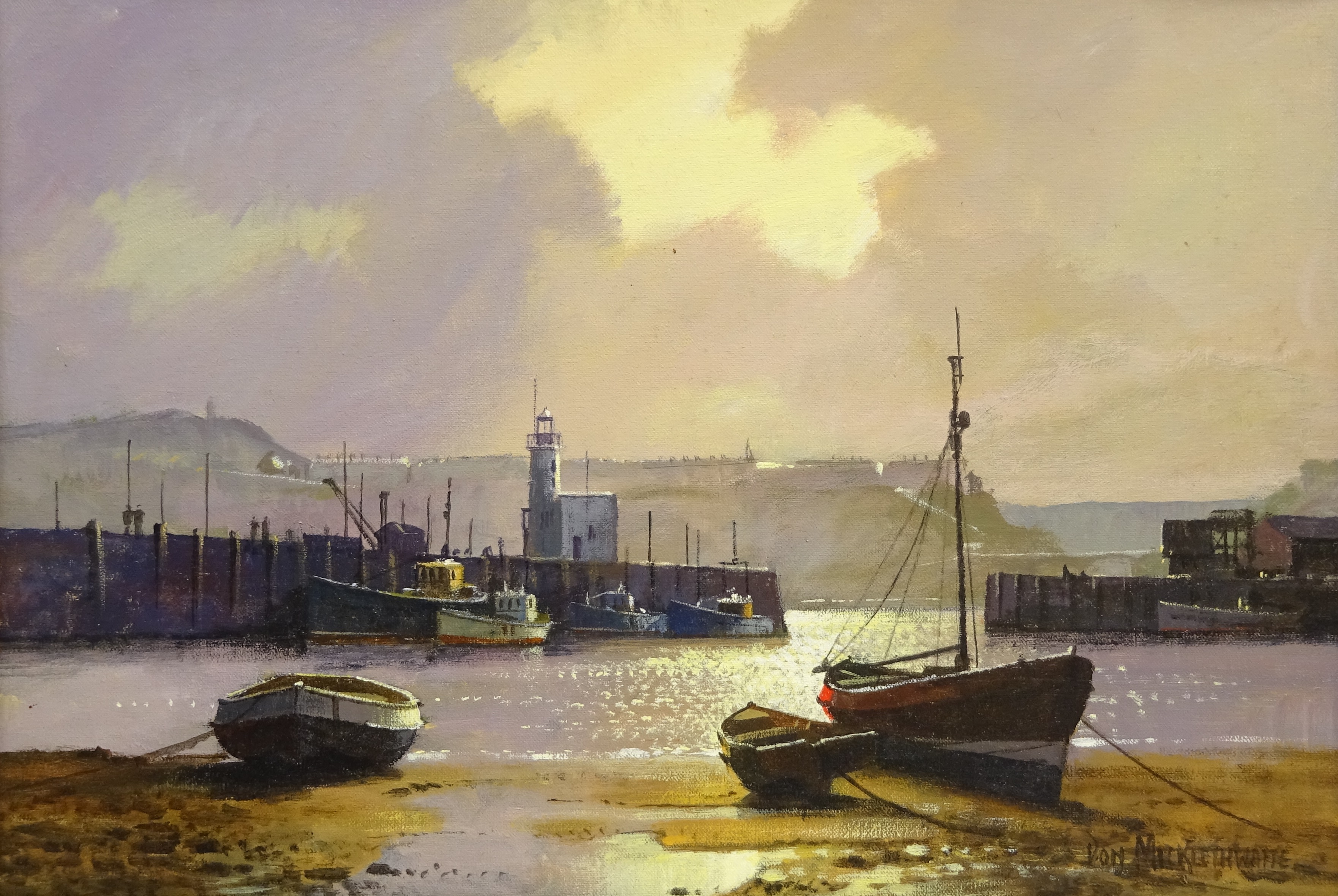 Don Micklethwaite (British 1936-): Low Tide Scarborough Harbour, acrylic on board signed 34cm x 49cm