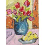 British Contemporary: Still Life of Tulips and Lemons, oil on paper unsigned 38cm x 28cm