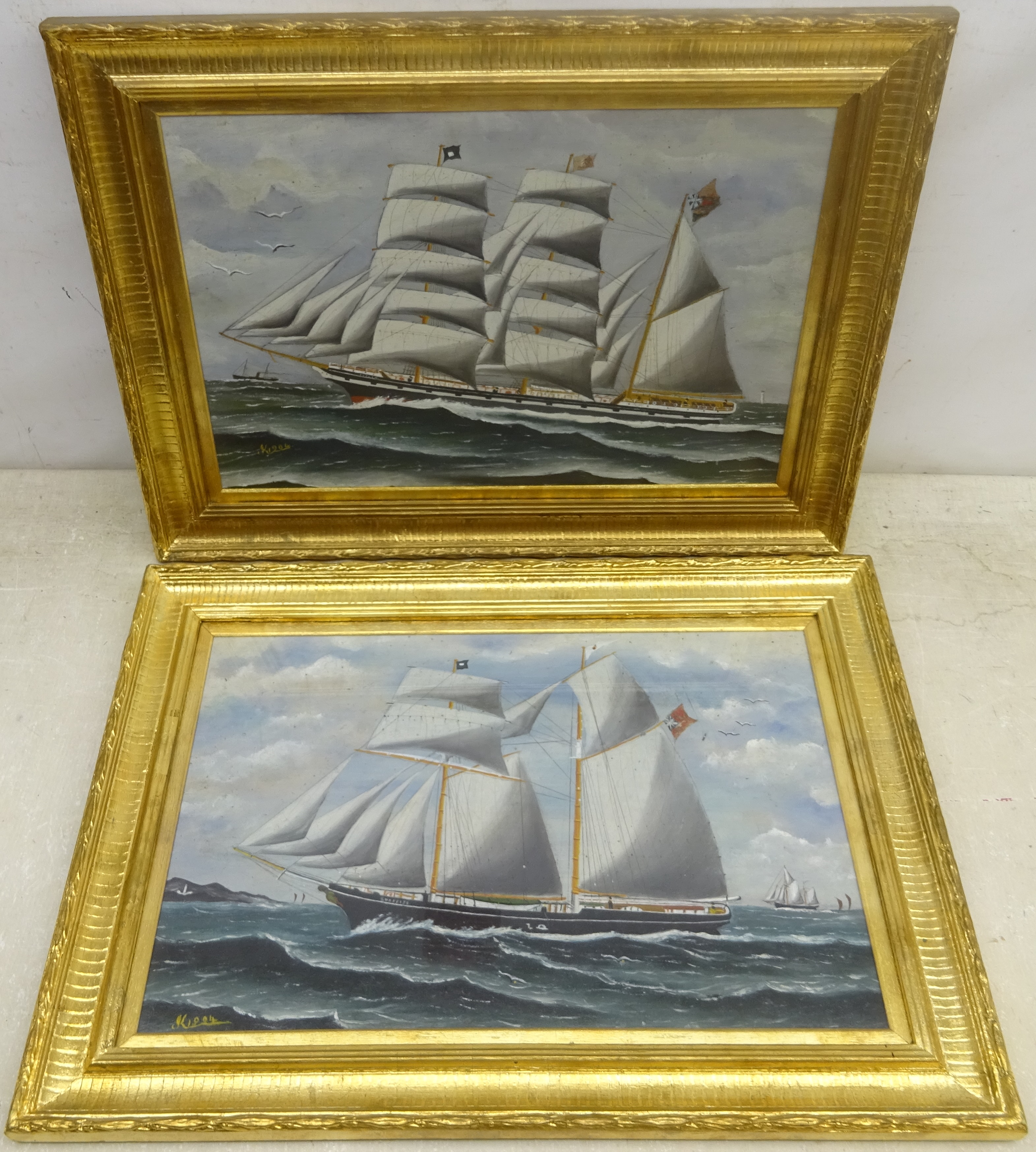 English School (Early 20th century): Ships' Portraits, pair oils on board signed K and dated 1904, 2
