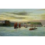 Robert Sheader (British 20th century): Boats Before the Grand Hotel Scarborough, oil on board signed