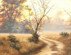 Carl Whitfield (British 1958-): Misty Morning, oil on panel signed, artist's gallery label verso 19c