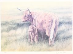 Robert E Fuller (British 1972-): Highland Cattle and Calf, limited edition print signed and numbered