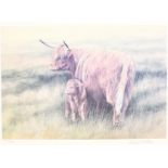 Robert E Fuller (British 1972-): Highland Cattle and Calf, limited edition print signed and numbered