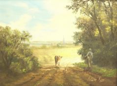 Robert Ixer (British 1941-): Cow on a Country Path, oil on canvas signed 30cm x 40cm