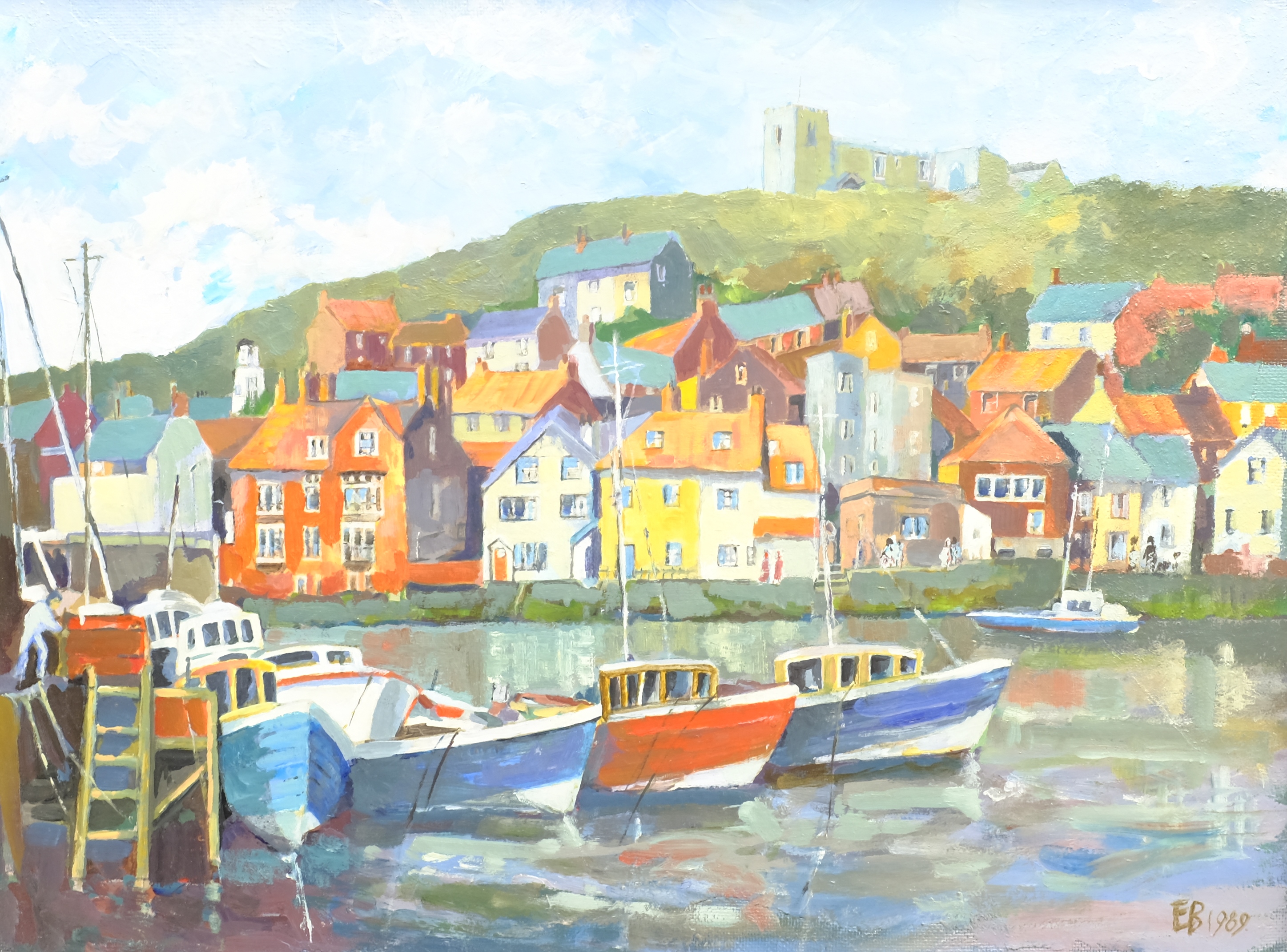 Ethel Blackburn (British 1907-2005): Whitby Harbour, oil on board signed with initials and dated 198