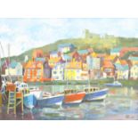 Ethel Blackburn (British 1907-2005): Whitby Harbour, oil on board signed with initials and dated 198