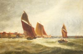 English School (19th century): Shipping off a Coastal Town, oil on canvas unsigned