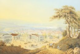 English Colonial School (19th century): Panoramic View of a Lakeside City, possibly North American,