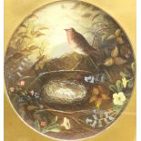 English School (19th century): Robin's Nest among the Flowers, oil painted on a pottery charger unsi