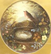 English School (19th century): Robin's Nest among the Flowers, oil painted on a pottery charger unsi