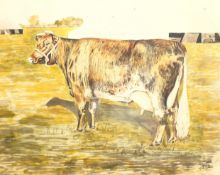 R Farl (British mid 20th century): Portrait of a Dairy Cow, watercolour and ink signed and dated 193